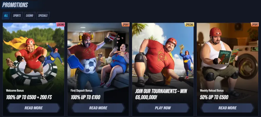 Pagina promozioni Vegas Hero con bonus di benvenuto e tornei di slot